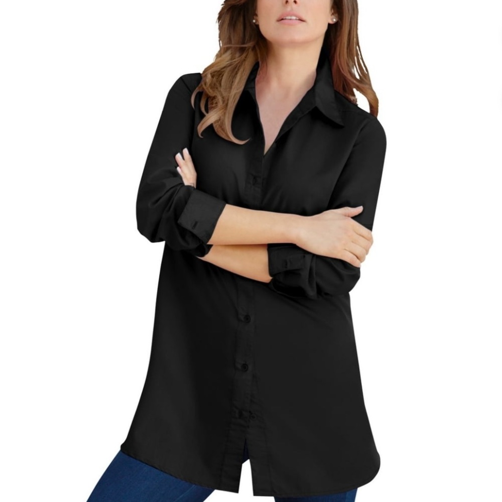 Roaman’s Long Sleeve Tunic Button-down Black Pleated Blouse/Top. Size M